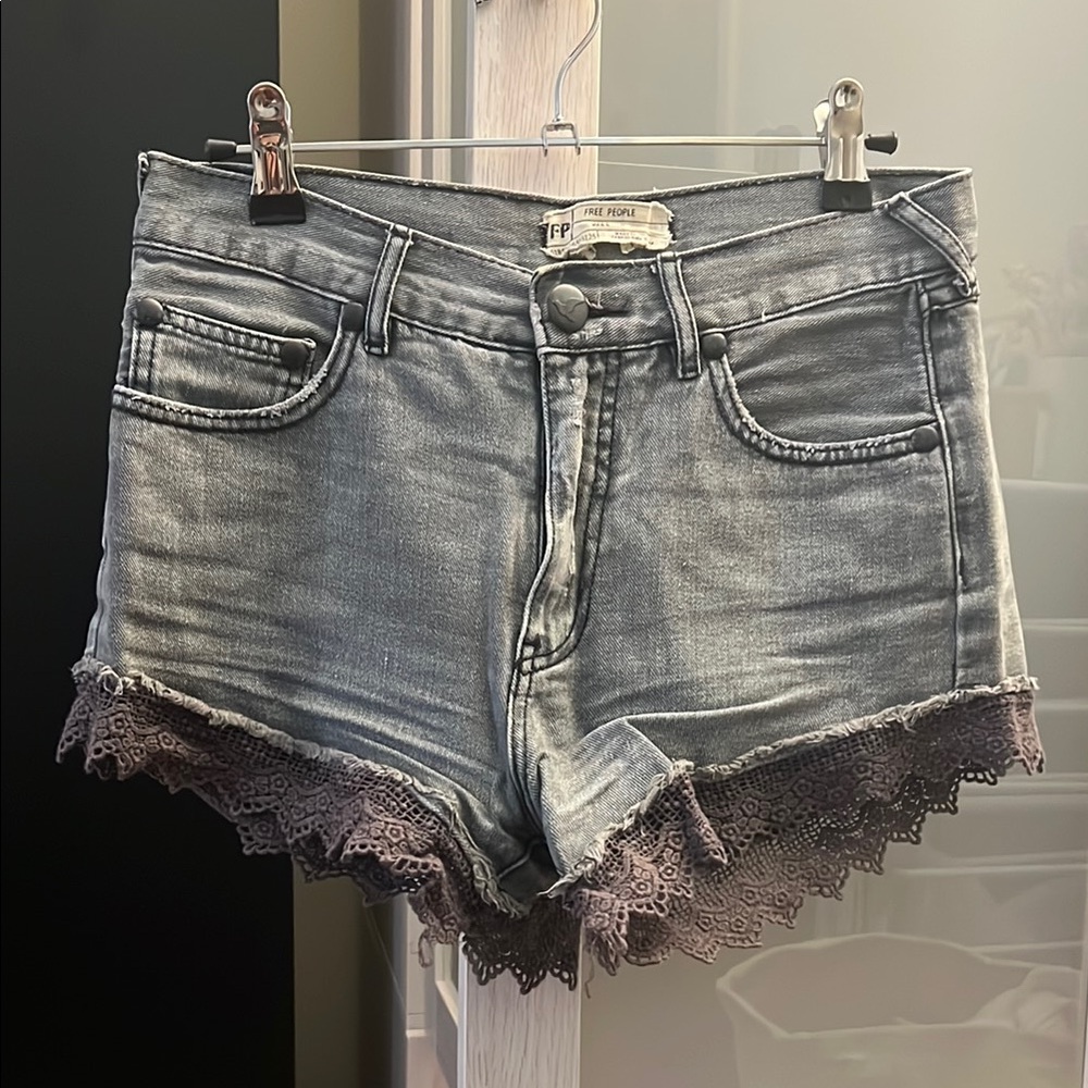 Free People Gray Jean Shorts with Distressed Hem